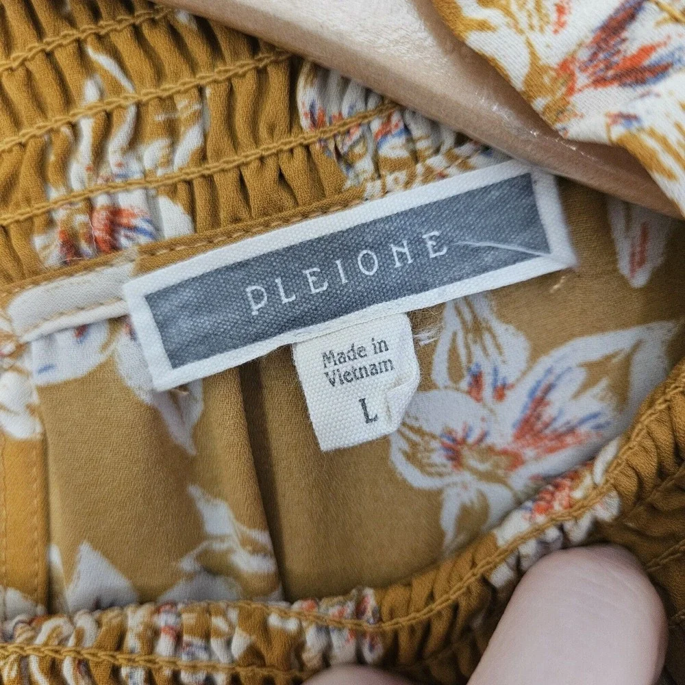 Pleione Top Womens Large Yellow White Floral Cottagecore Feminine Career‎ Blouse